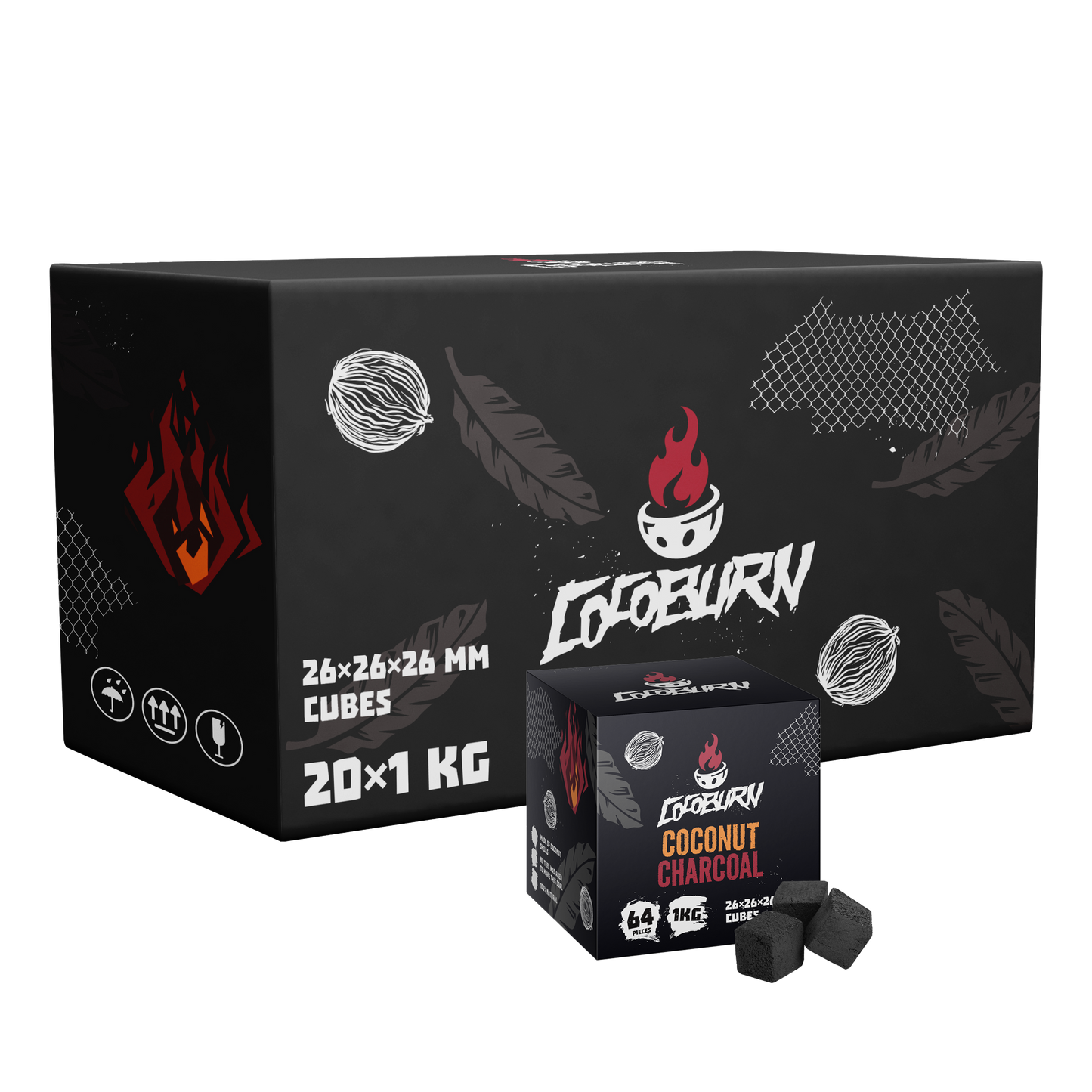 Natural Hookah Coals - Cubes 26 mm - 20 kg Case (20 Packs of 1 kg)
